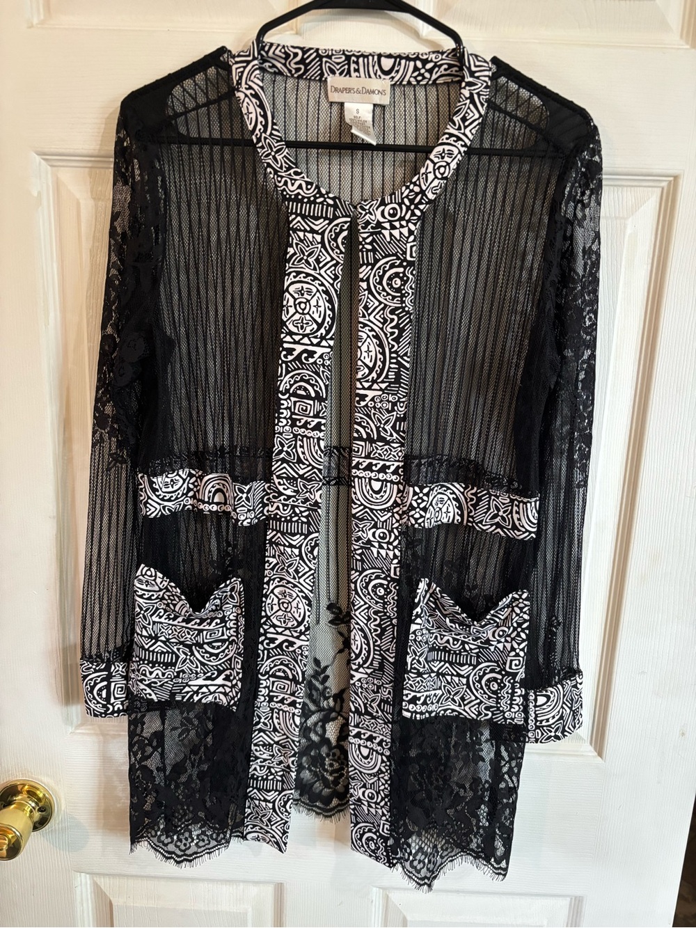 Sheer Black Lace Longline Robe with Printed White Trim